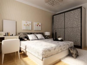 卧室非常的舒适而古朴，浅咖色的花纹给卧室装扮的颇有古韵。