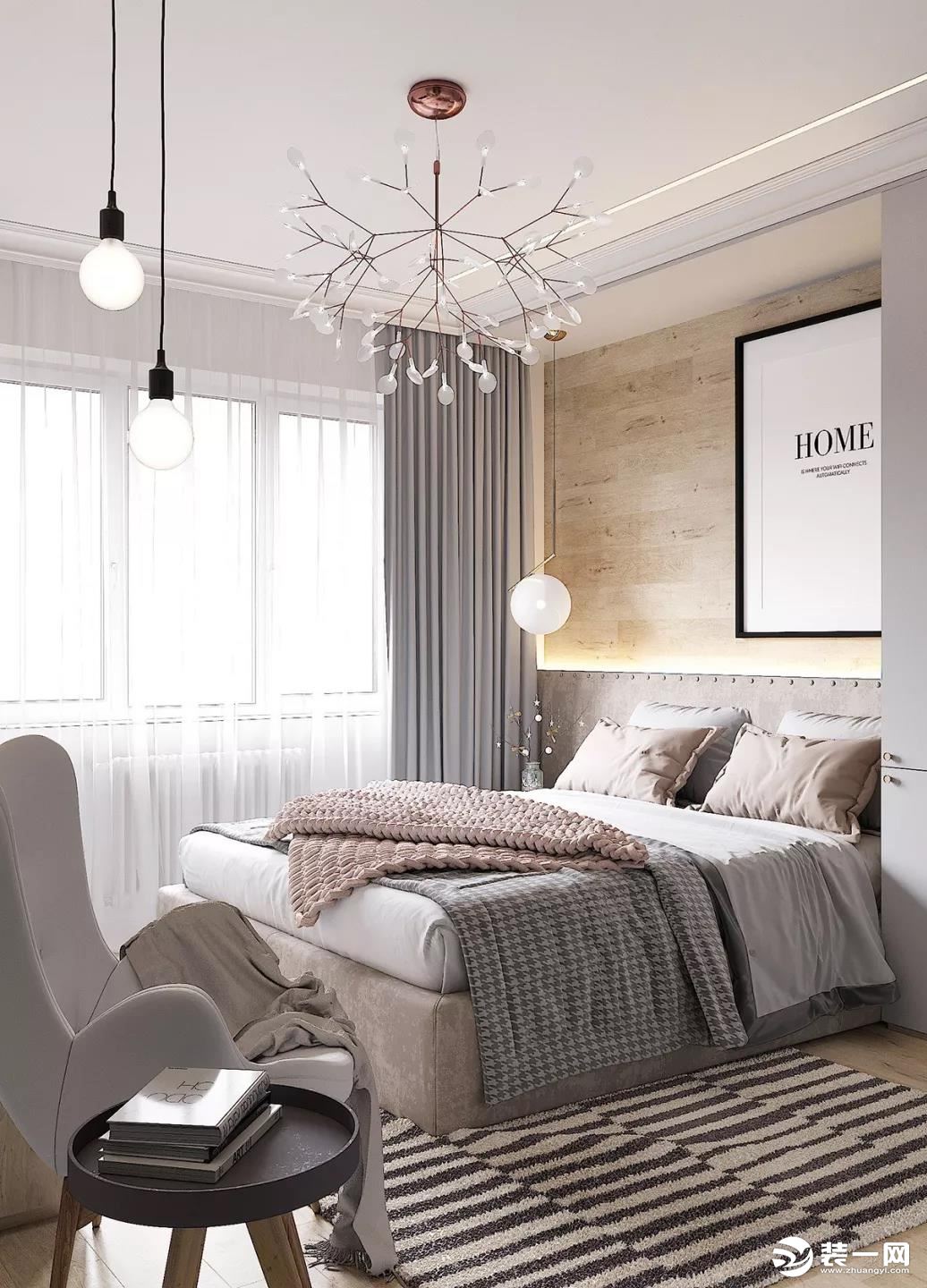 卧室采光极佳，窗帘采用了纱帘+布帘的组合，颜值和实用性兼具；纱帘最为轻薄透光，也最为梦幻朦胧，布帘的