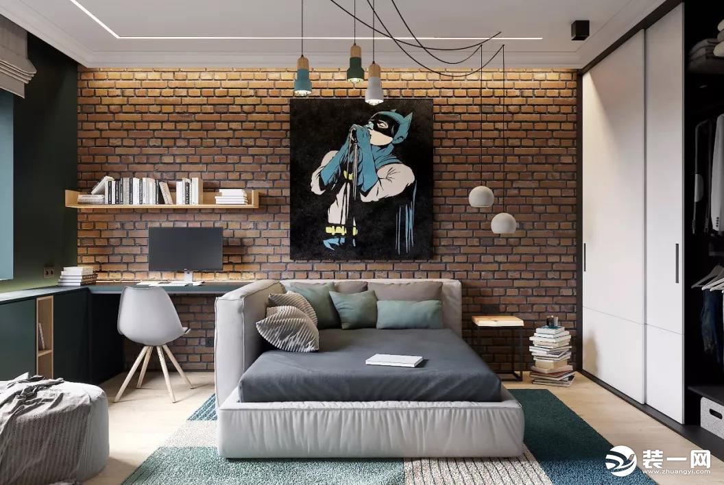 墨绿色墙面+床头一面砖墙+蝙蝠侠挂画，男孩子卧室的感觉一下子就出来了。