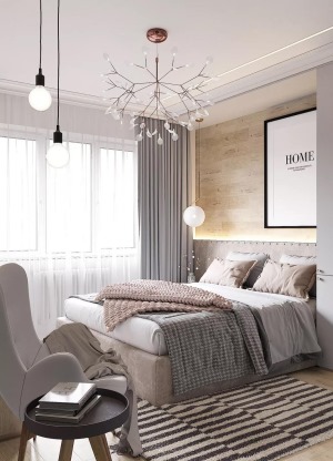 卧室采光极佳，窗帘采用了纱帘+布帘的组合，颜值和实用性兼具；纱帘最为轻薄透光，也最为梦幻朦胧，布帘的