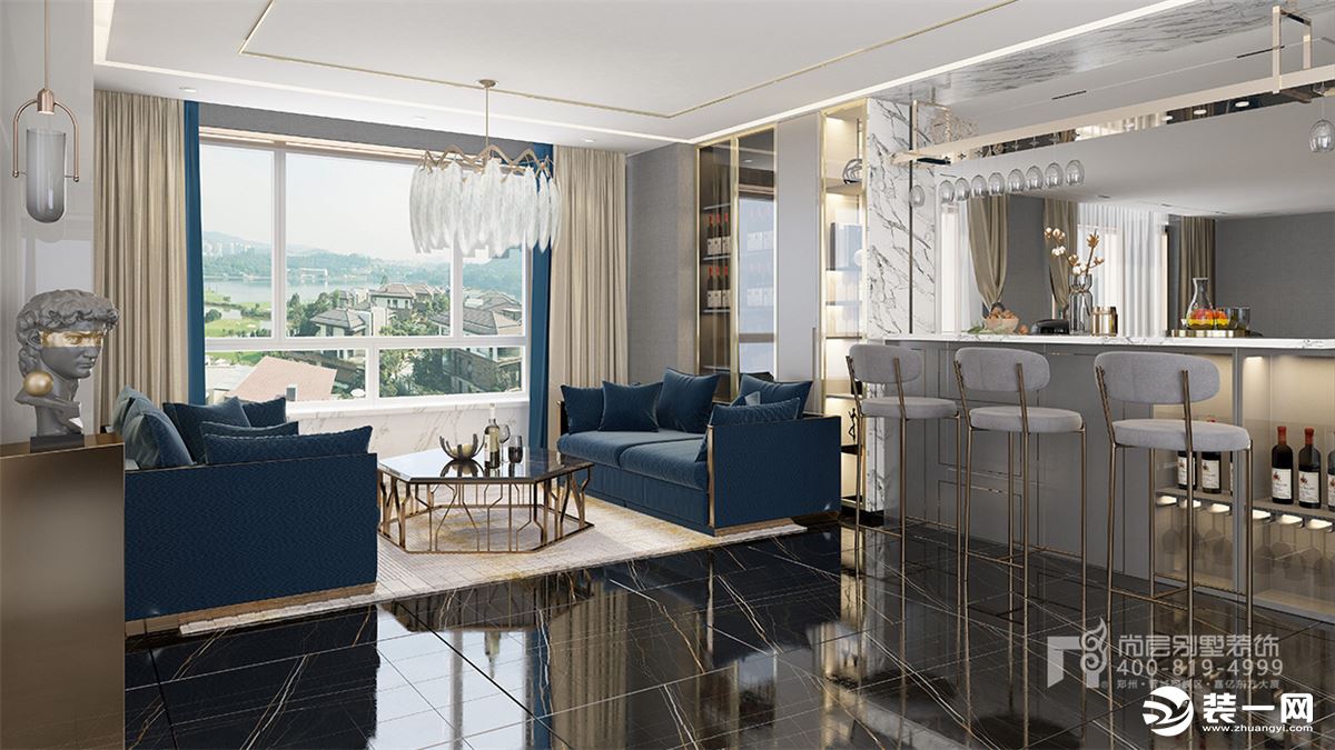 客厅以现代轻奢风格为主，金属及玻璃和皮质的元素突出现代新奢的极致品味.