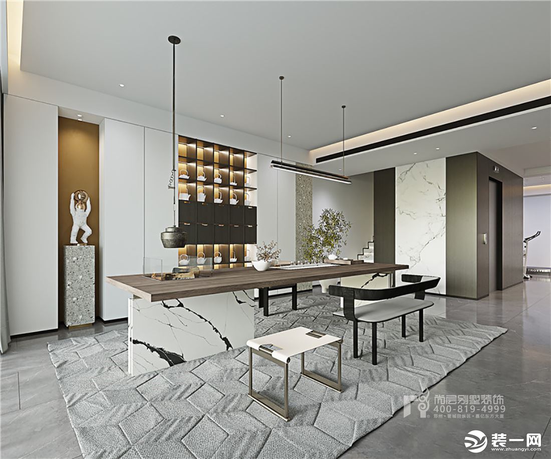 不同于一般的茶室设计，本案的茶室将传统元素与现代元素完美融合，呈现了一个俊雅悠然的舒适空间。