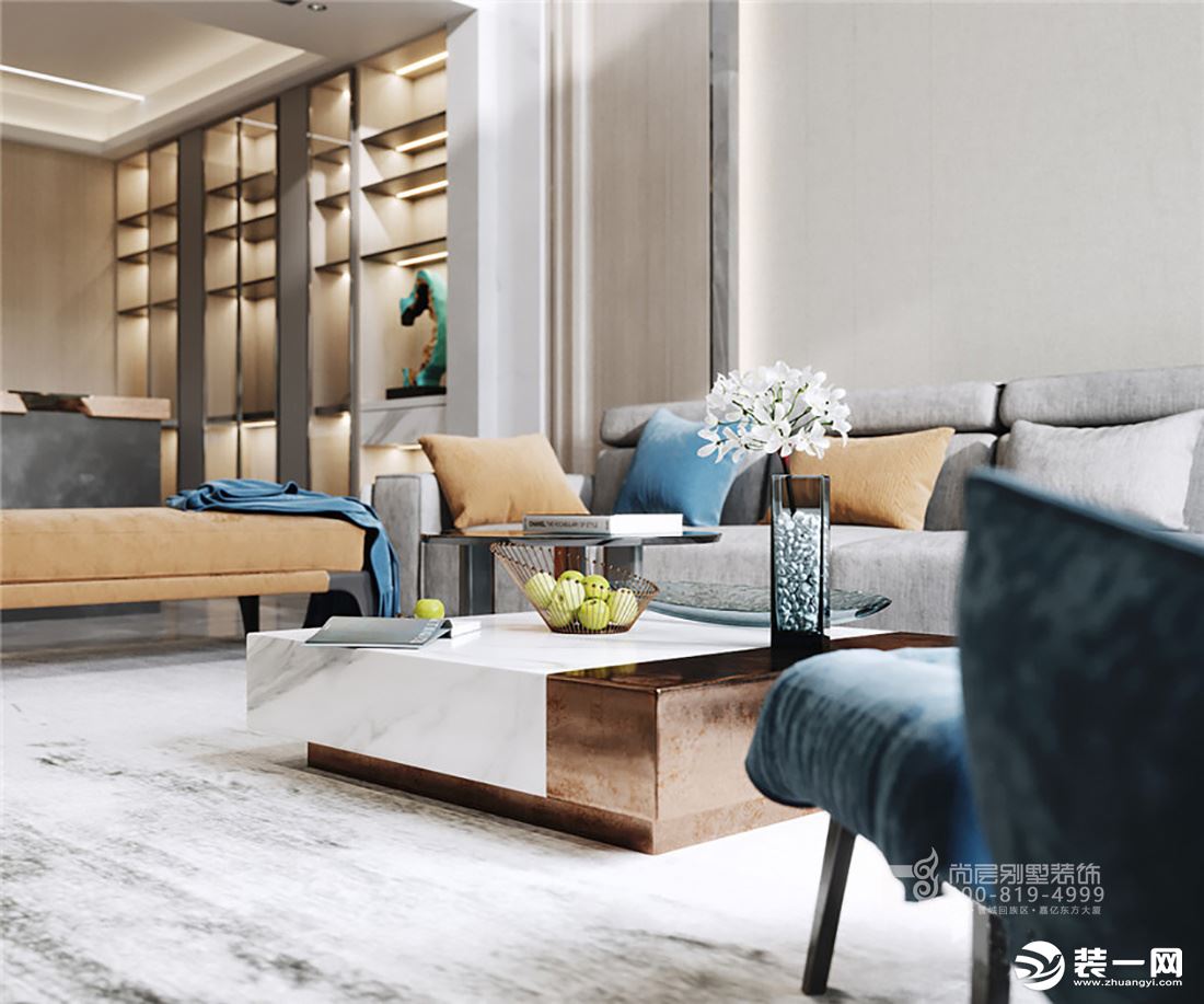 客厅以现代简约风格为主，追求时尚与潮流，平静、安逸的蓝色系贯穿主题，情感交融，好一抹暖蓝的调性居所。
