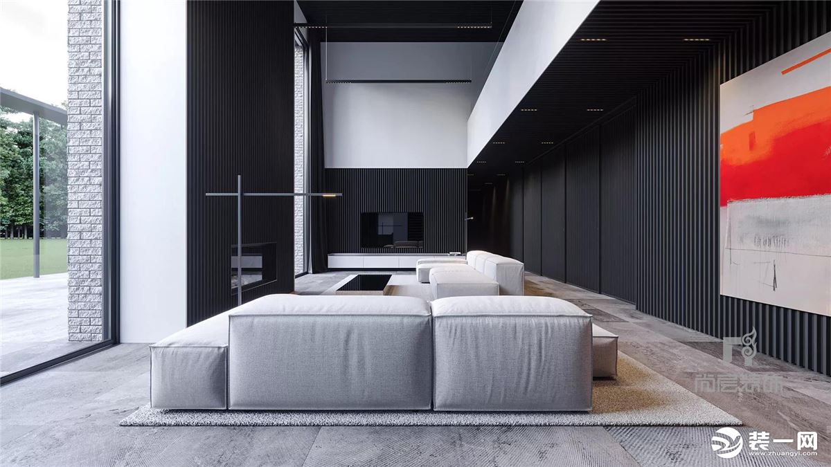 线条勾勒的现代艺术风格  搭配纯色布艺沙发  是对空间细节到氛围的极致呈现  进而赋予居者美好的居住