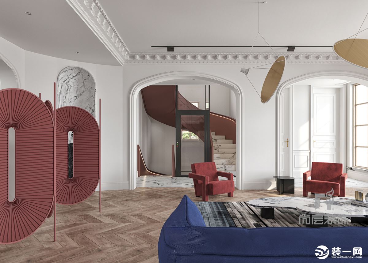 客厅设计师采用纯白乳胶漆  搭配简约石膏花纹，更显温柔浪漫  大胆采用红，蓝装饰 ，空间上更显活泼