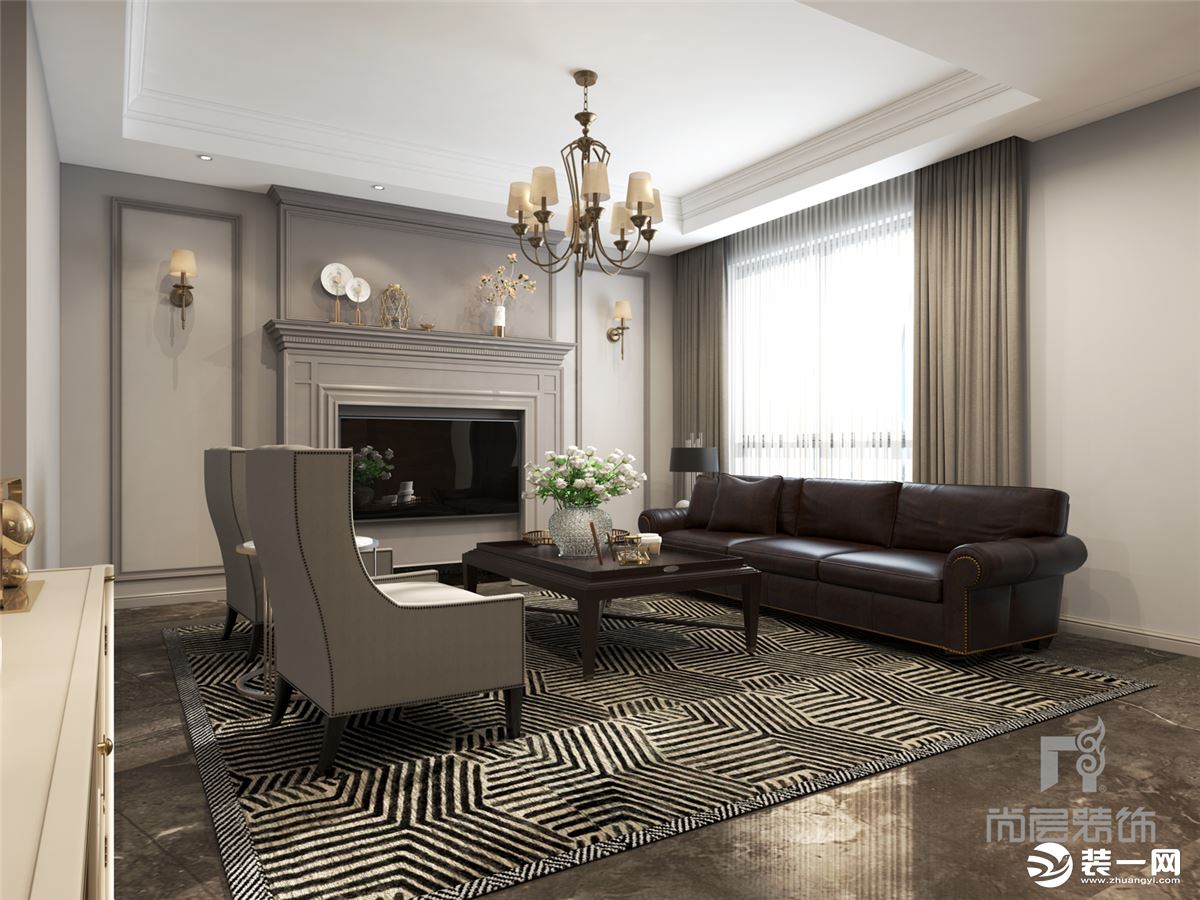 客厅整体设计简洁大方，硬装灰粽色和为主拉伸空间