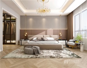 采用女主人喜欢的灰粉色进行了整个套房的设计，衣帽间区和卫生间布局合理，床被摆放在通透的地方。