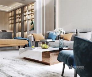 客厅以现代简约风格为主，追求时尚与潮流，平静、安逸的蓝色系贯穿主题，情感交融，好一抹暖蓝的调性居所。