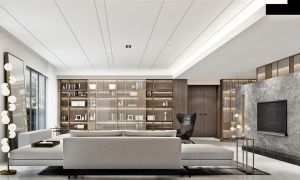 客厅空间整体简洁明净，顶面古梁现代设计手法的处理手法，将东方哲学与当代人的审美情趣完美融合.