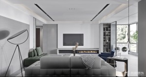 客厅以灰色作为主基调，给人以质朴内敛的视觉观感。取消主灯设计，客厅背景墙适当留白，简洁又大方。