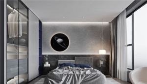 1主卧的设计完全利用了空间造型，休息区和卫生间布局合理，床被摆放在通透的地方.