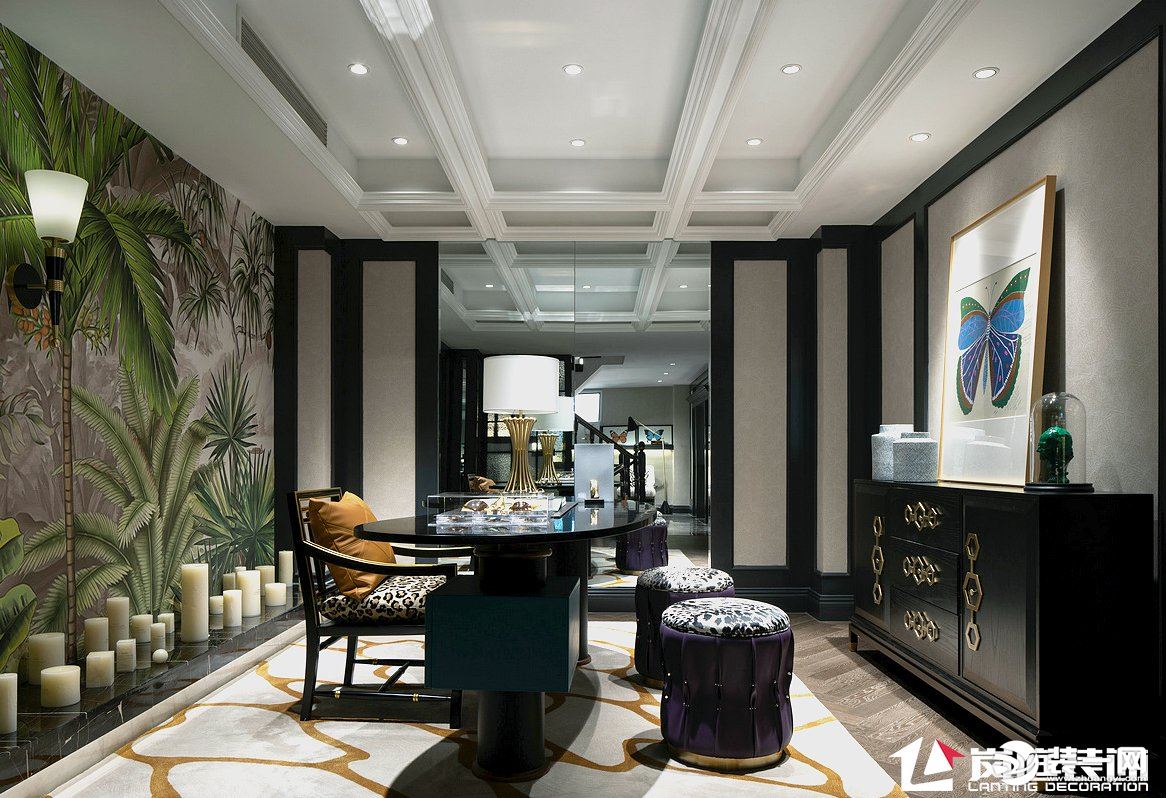 整体延续客厅的风格，黄铜的高级质感搭配大理石的温润内敛。