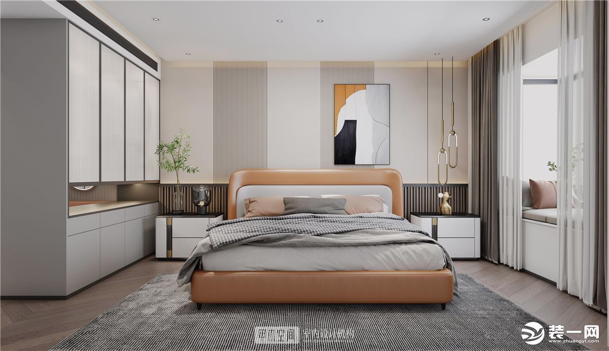 卧室是本案设计的重点之一，好的卧室格局不仅要考虑物品的摆放，整体色调的安排以及舒适性也都是不可忽视的