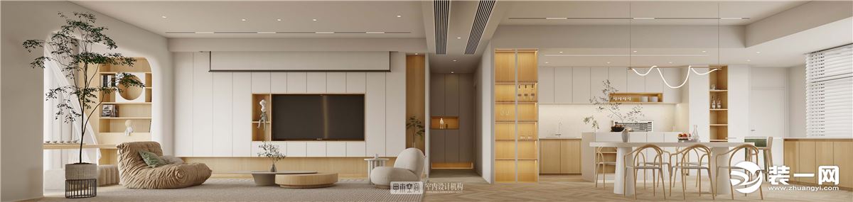 在客厅的色彩上，都是原木色调，突出新日式风格的柔和静雅。中心的灰色沙发及茶几与原木色形成了明暗对比，
