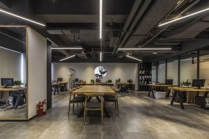 办公区是整体面积最大的区域，作为设计的重中之中，采用木制桌椅与展厅，将禅意美发挥到极致。其射灯使用符