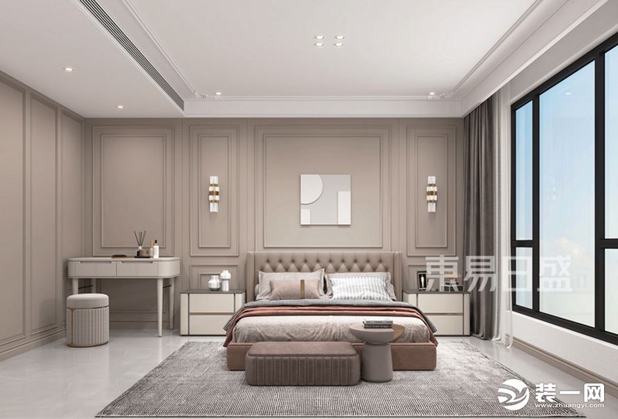 在主卧设计中，设计师将舒适度和功能性有效地结合，床头背景还以空间主色调为主，让整个空间显得更为大气稳