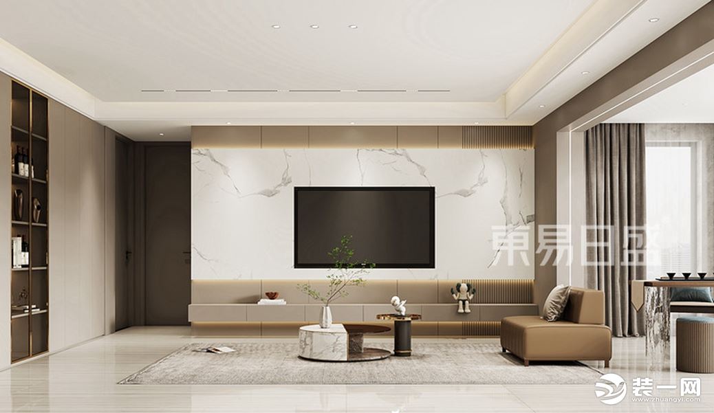 电视背景墙使用岩板来提升整个空间的质感与大气，阳台区域茶台的摆放