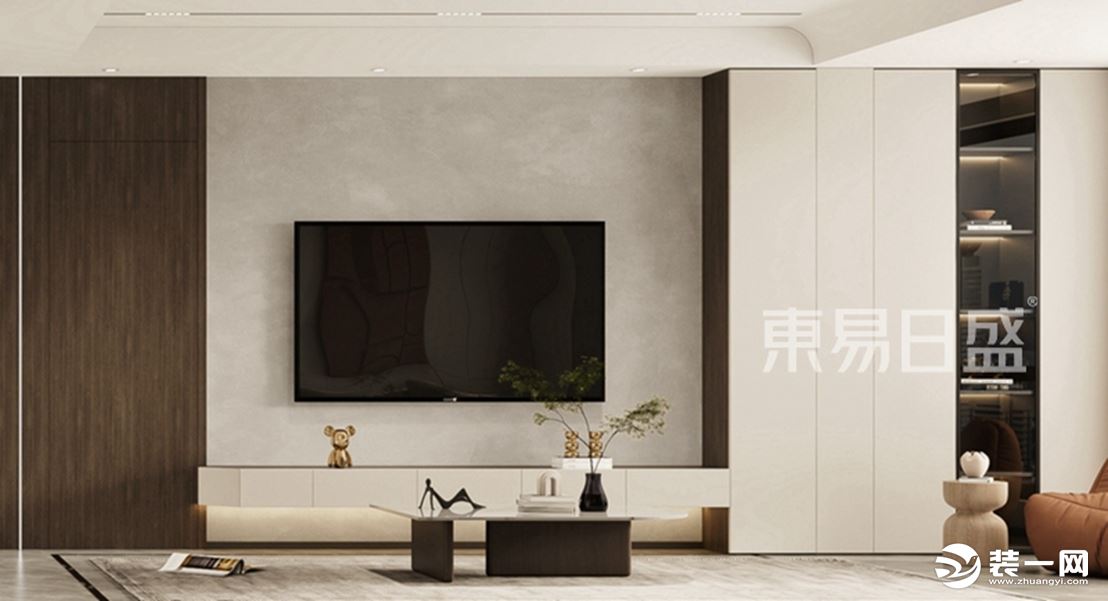 电视背景墙的艺术漆加护墙板，整体上符合现代简约的风格主题，软装搭配上以白色为主