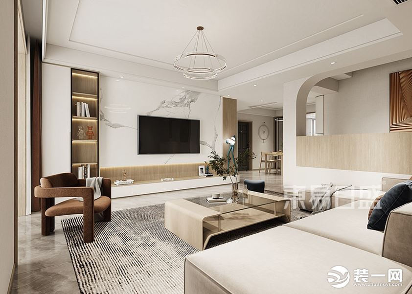 沙发背景选用硬包形式，及电视背景墙的岩板和板材的搭配，整体上符合现代简约的风格主题，