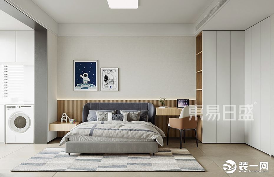使其空间更加的柔和轻松，色彩上既不单调也不强烈，各种的材质的融合，让卧室空间更加温馨自然。