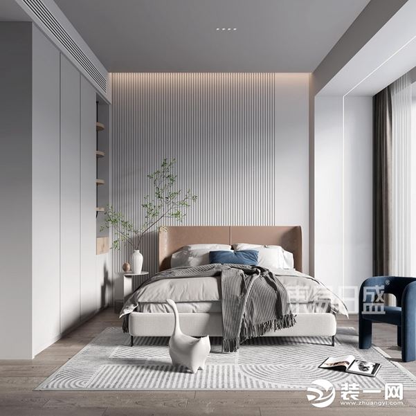 次卧整体采用白色色调，用绿植和蓝色单椅外加床品软装配饰点亮空间，明亮整洁又不单调。