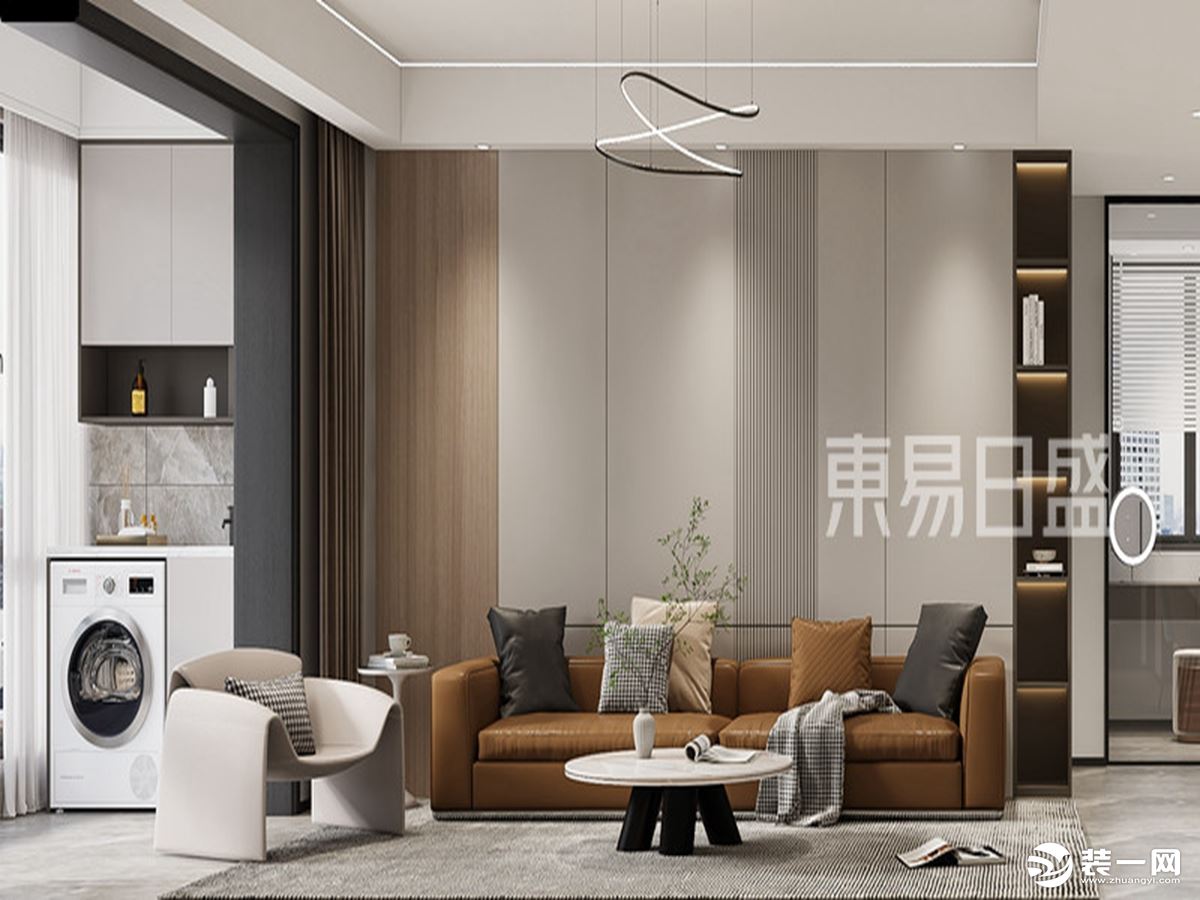 客厅以白色搭配木色的底层逻辑贯穿整个空间，利用场域内的构图比例和色彩调和