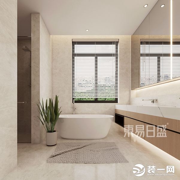 温润的大理石，原木色的浴室柜，以及窗下晶莹的白色浴缸，使卫生间简洁干净又充满舒适生活的质感。