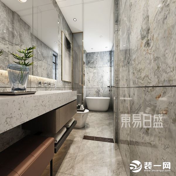 卫生间选用灰色系墙地砖，一字型的布局设计有效实现了干湿分离，洗手盆台面的延长可容纳多人共同使用。