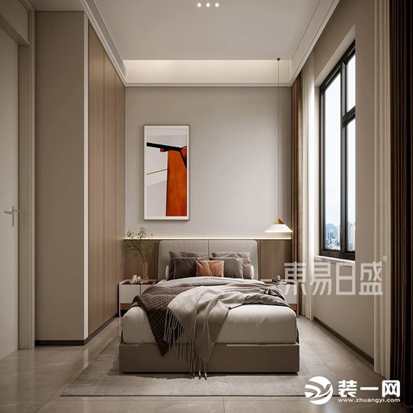 卧室使用石膏板进行圆弧叠级的一个设计手法，做悬浮顶面加灯槽，在空间上增加了趣味性并达到一个良好的睡眠