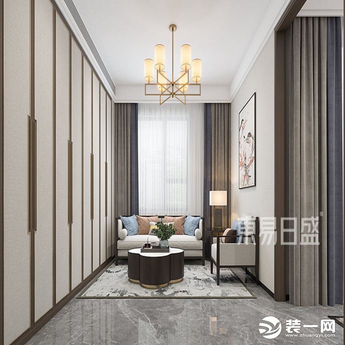 客厅区域的装饰采用了具有中国元素的家具，中式风格的沙发和茶几给人一种干净整洁庄严的感觉。