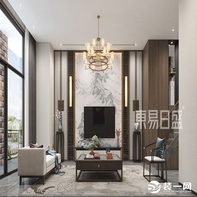 客厅画有中国画的电视背景墙和装饰画以及客厅上空的吊灯无不展现着中国风的设计风格。