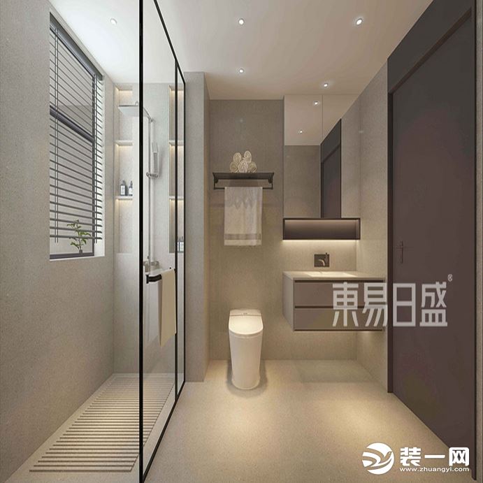 卫生间的墙面和地面都使用了细腻的质感灰色的石材，浴室柜方正有型的设计感，为空间的颜值加分