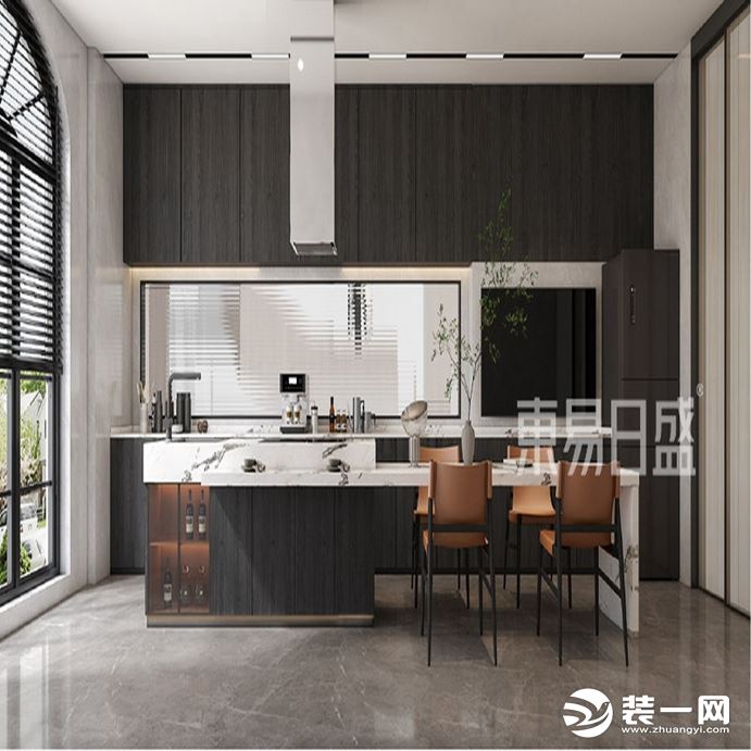 厨房的整体使用了深色木纹，白色石材台面和深色柜门的搭配使整体空间更加的明朗简洁。