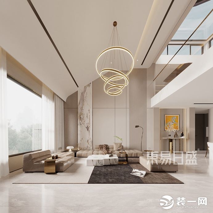 客厅的沙发背景墙选用花色岩板和白色木板交叉使用，金属线条的相互穿插为空间增加了奢华、高贵的品质之感。