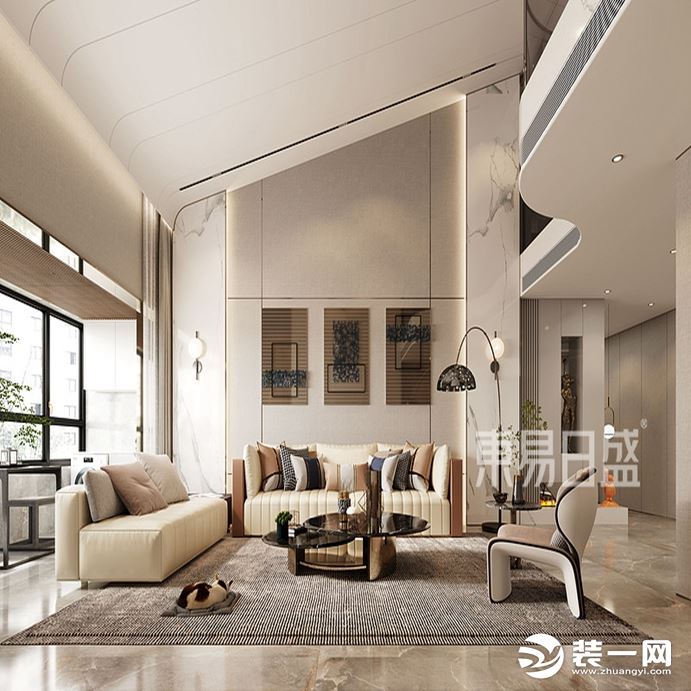 本案的客厅，在空间设计上以低饱和的暖色为主基调、异形的顶面造型让空间极具艺术氛围。