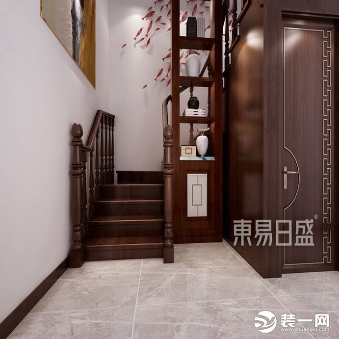 楼梯与门板在选材上也都统一风格，选用古典原木色作为主材颜色，展现出中式家居的沉稳与厚重