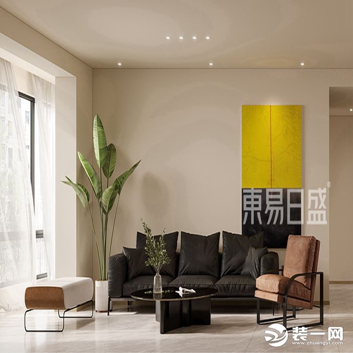 整个客厅空间呈现原木色温馨的氛围感，黑色的沙发与客厅形成鲜明的装色，极大的提升了空间的层次感