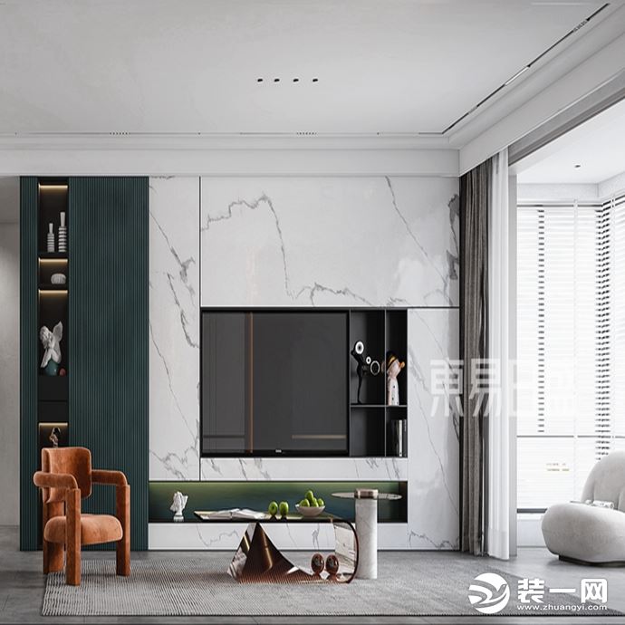 客廳的電視背景墻采用灰白色花紋巖板，在家具選擇有現代感特色的單品進行搭配，休閑舒適的同時傳遞高級感。