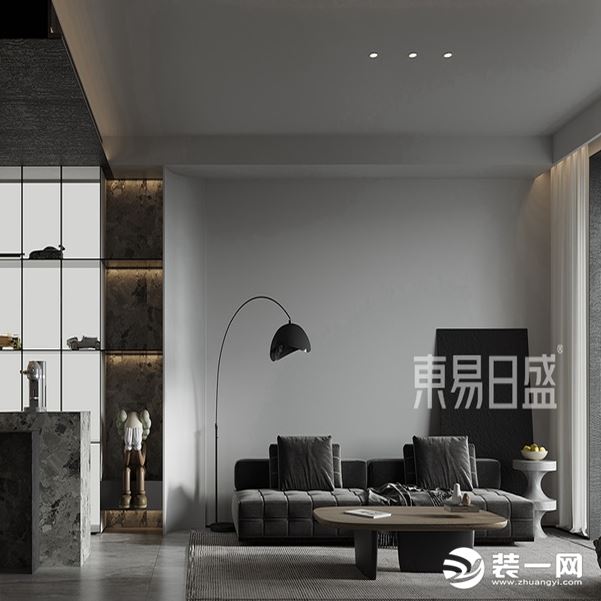 客厅无主灯的设计结合灰白色乳胶漆，兼顾美观以及主会客功能。承载空间的品质以及会客区的整体功能性