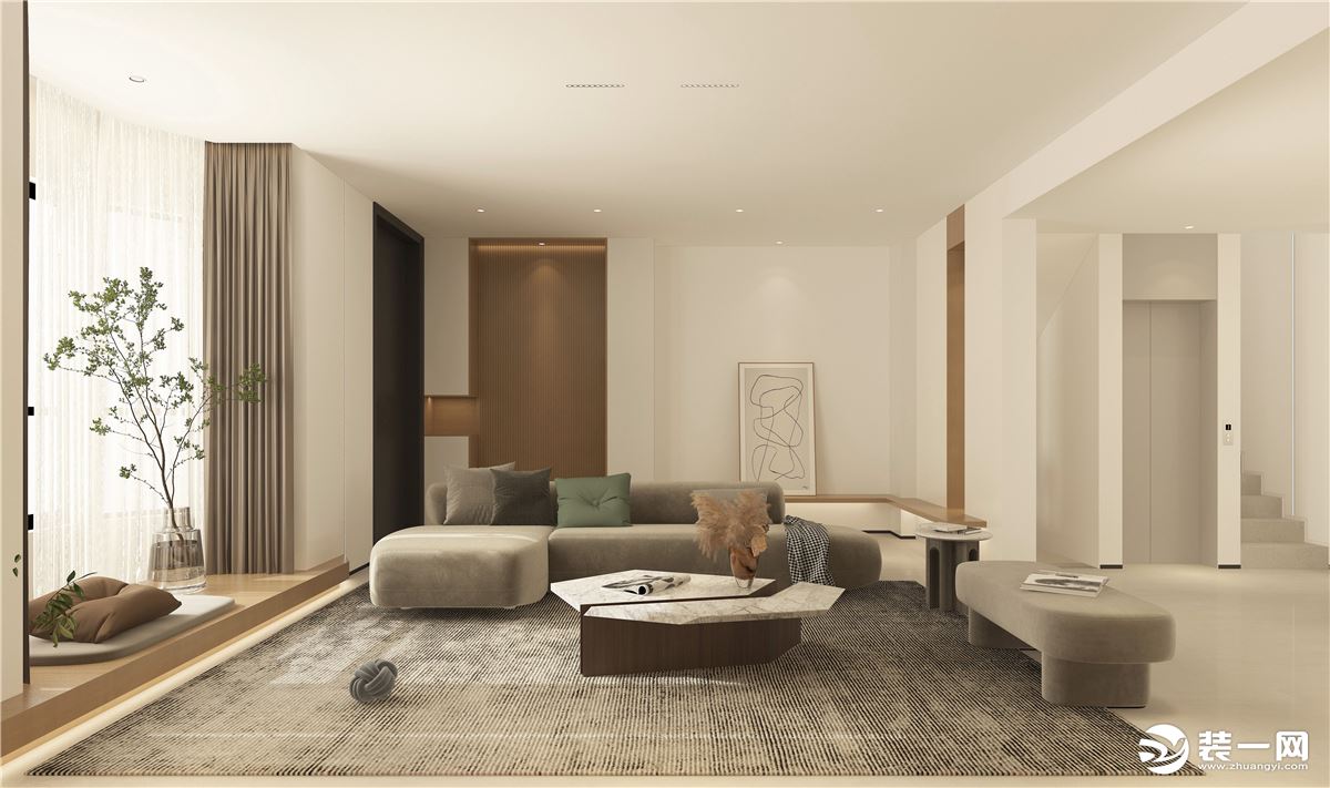 客厅里大面积使用留白处理，采用木质墙板来中和。简单的色彩组合成不同的层次感