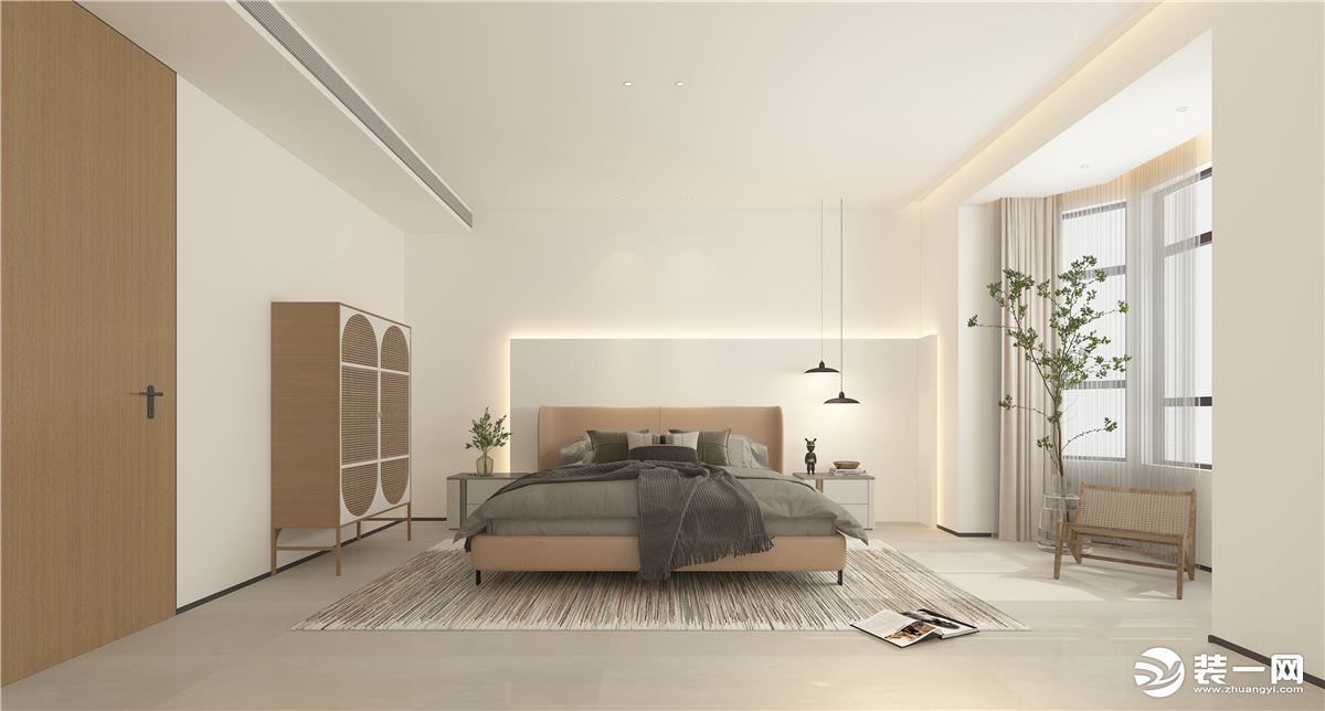 长辈房里采用大面积留白，利用墙板和灯光来增加空间的层次感，同时与一楼地下室相呼应。