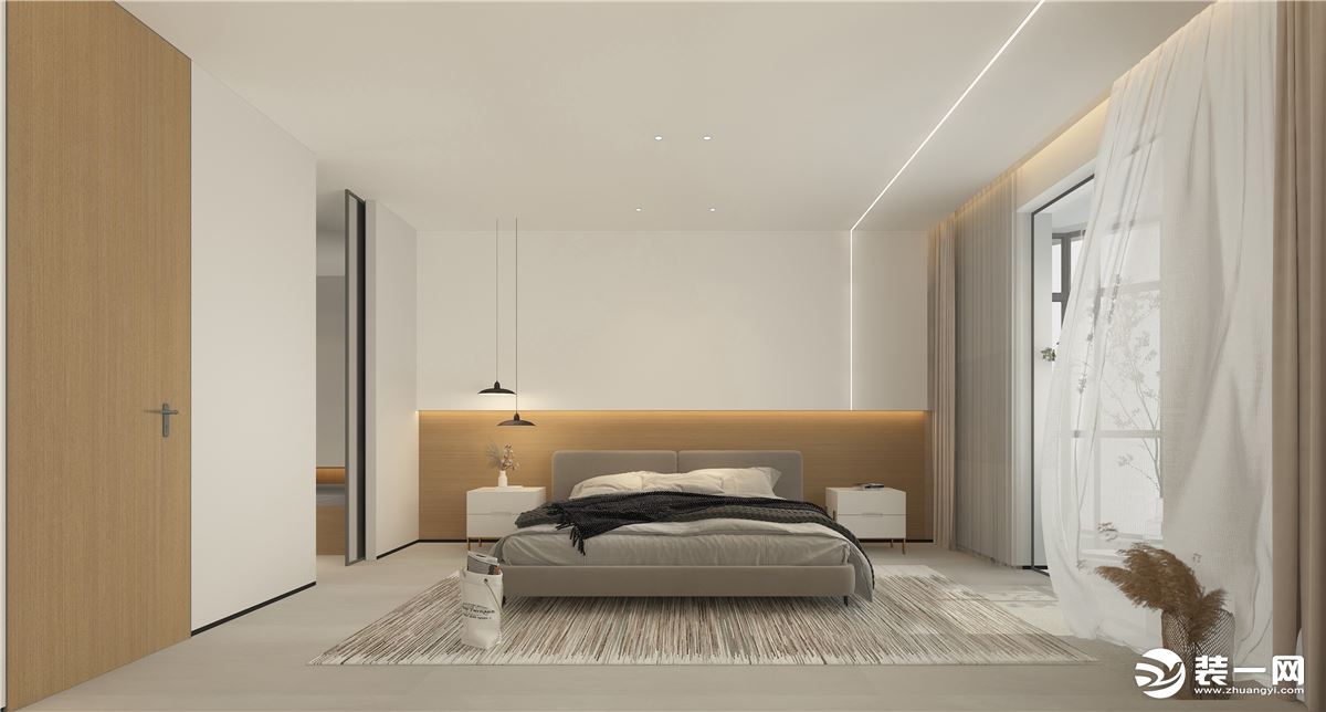 主卧里采用线条灯的流动性，增加空间感。床头运用木质墙板与灰色墙漆进行空间的分割。