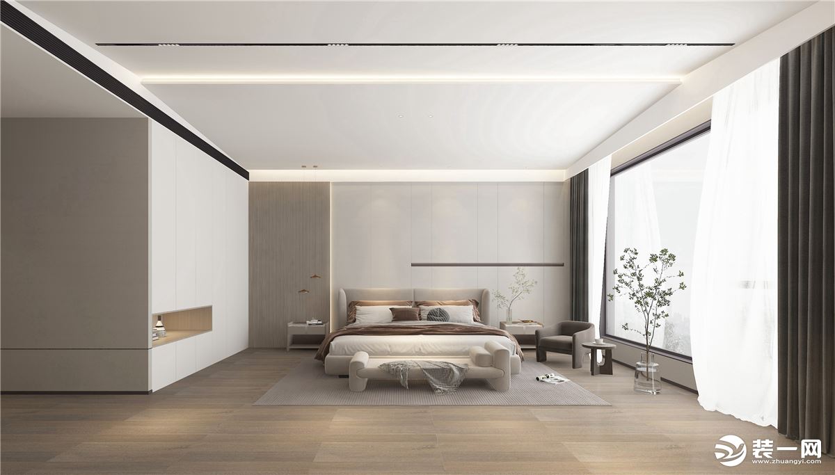 卧室米白的墙面搭配木色地板，米色的床塌，通过对材质、细节的整合把控进一步达到对空间本身的塑造