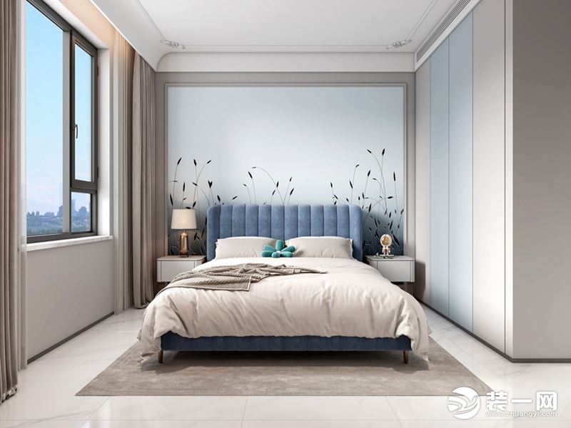 小孩房追求活波，蓝色的床和蓝色衣柜相互照映，色彩层次分明。床头的背景墙利用壁画，活泼又清新的休息环境