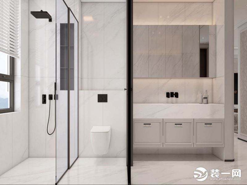 卫生间的设计非常的干净舒适，墙面和地面运用相同的材质，色调一致。