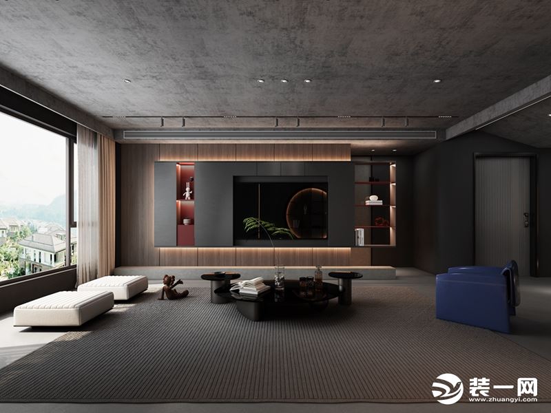 通过造型修饰使得墙面空间更加的完整和谐，同时利用墙体的厚度为客厅增加了收纳空间。