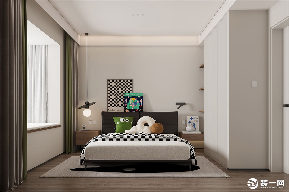 卧室的色调延续客厅，整体也是白墙+原木，床买的是黑色实木烤漆家具，整体都是无主灯设计。