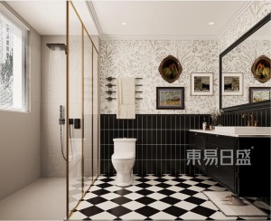 卫生间采用石膏板吊顶，用角线划分淋浴与干区关系，柜子采用深色系，墙面使用拼色设计手法，好看的同时整洁
