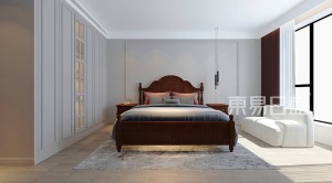 主卧宽大的双人床，为用户提供了舒适的休息空间。白色的沙发看起来美观而舒适，给人以难忘的印象。