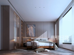 次卧床头背景一分为二上半部木饰面造型搭配线性灯带，下半部棕色硬包，凸出墙面，拉伸层次。
